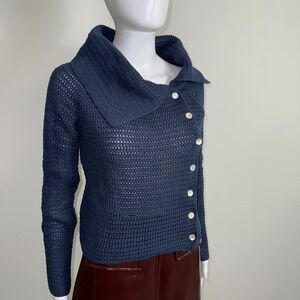 Commense‎ Womens Blue Crocheted Knit Cardigan Button Down Collar Sweater S